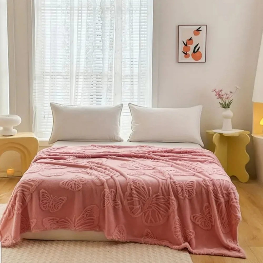 Super Soft Pink Embroidered Butterfly Throw Blanket